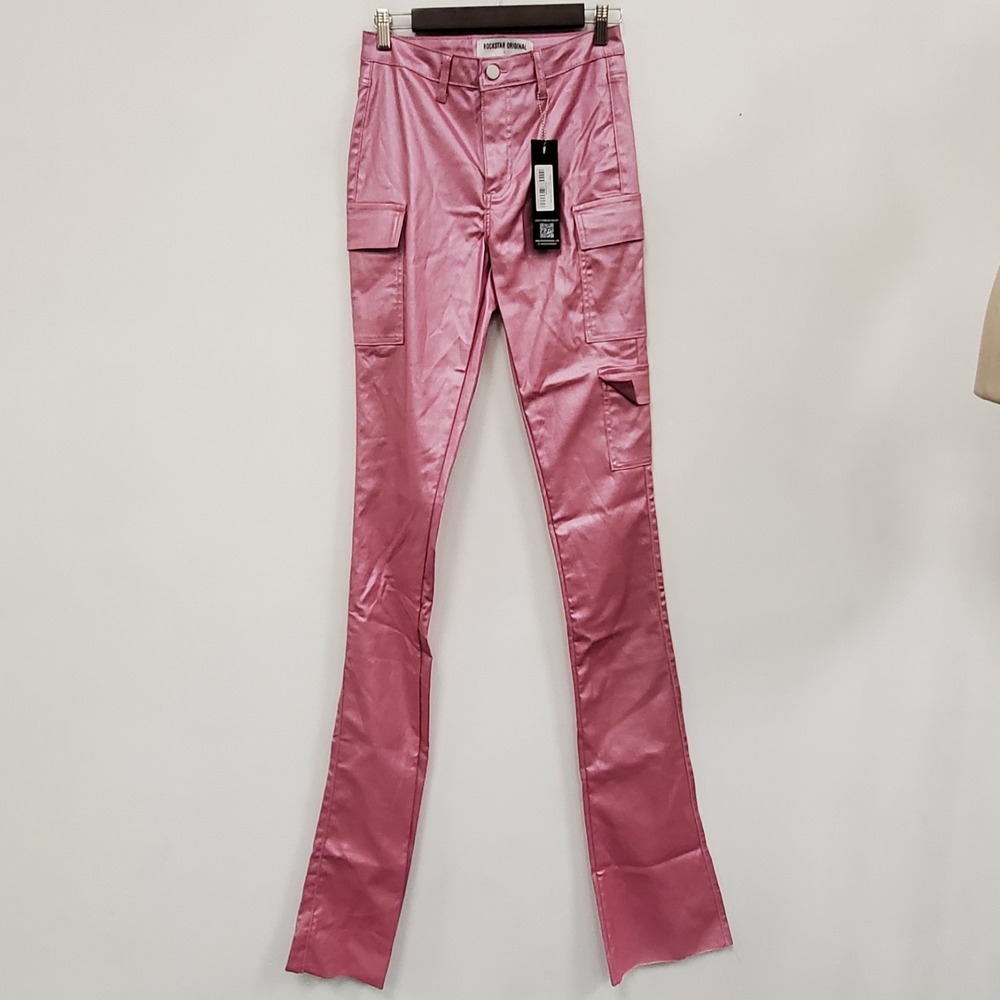 Rockstar Original Vixen Metallic Dark Pink Cargo Super Stacked Jeans Size L